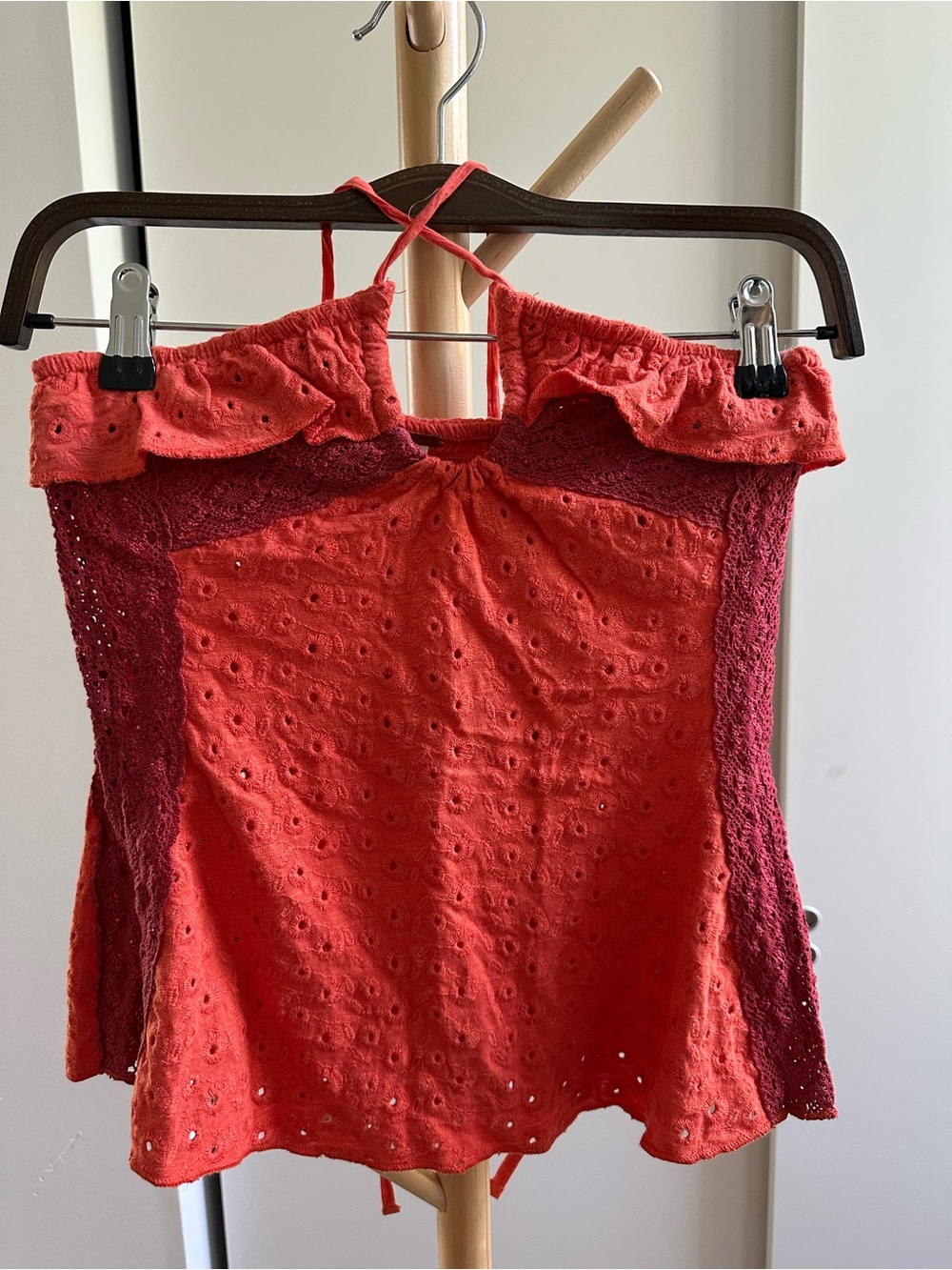 Free People Coral Eyelet Crochet Lace Halter Top XS Boho